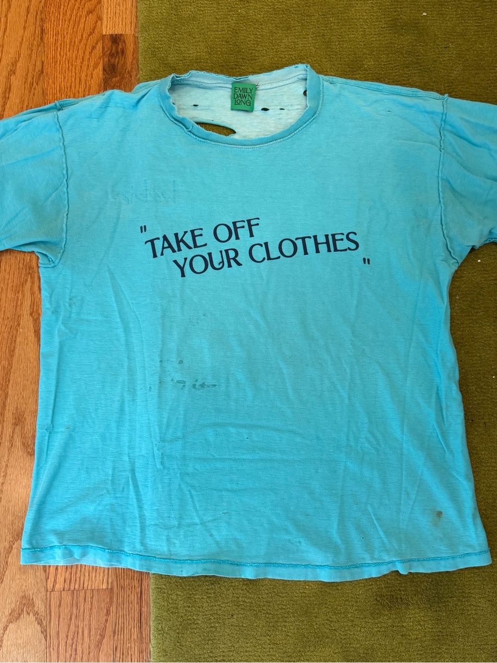 Emily Dawn Long "Take Off Your Clothes" Vintage T-shirt - Teal Blue - Picture 2 of 6